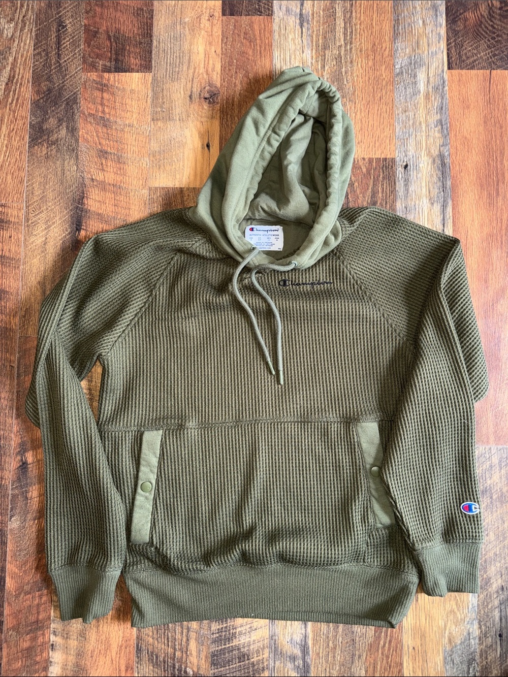 Champion Olive Green Waffle-Knit Pullover Hoodie